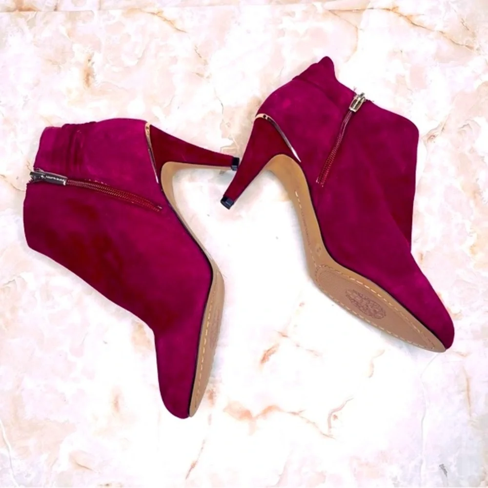 VINCE CAMUTO SUEDE BOOTIES, Wine Berry Suede Heeled Booties, Zipper, Gold Trim